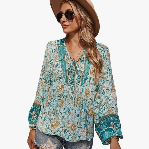 Kaywide Women's Casual Boho Floral Print Long Sleeve Blouse Plus Size 2XL - Picture 1 of 15